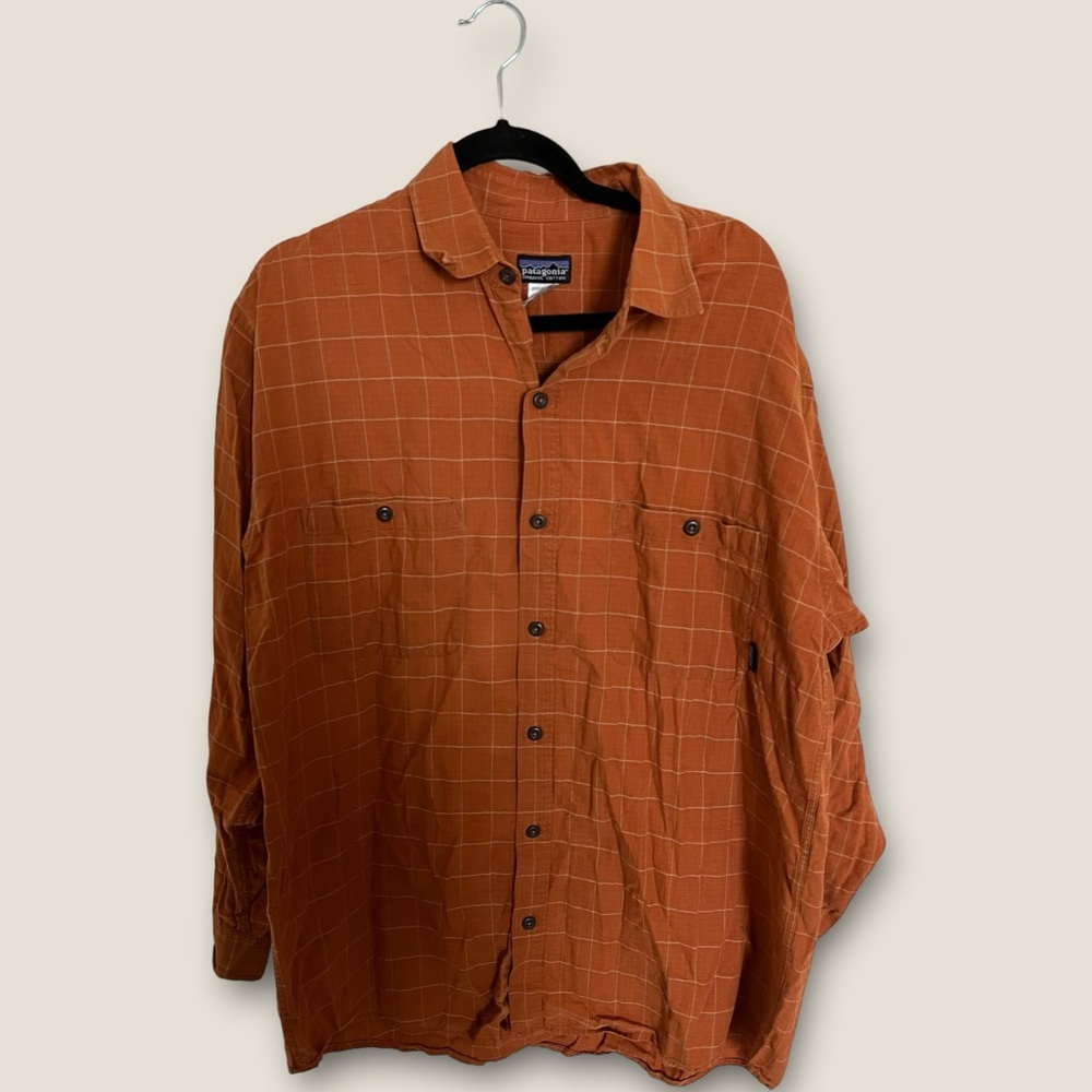 Patagonia Shirt Men's L Long Sleeve Burnt Orange Collar LOGO‎ Top Plaid Cotton ✅